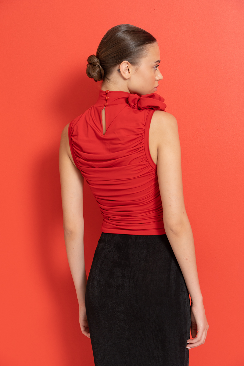 Red Rose-Accent Shirred Top