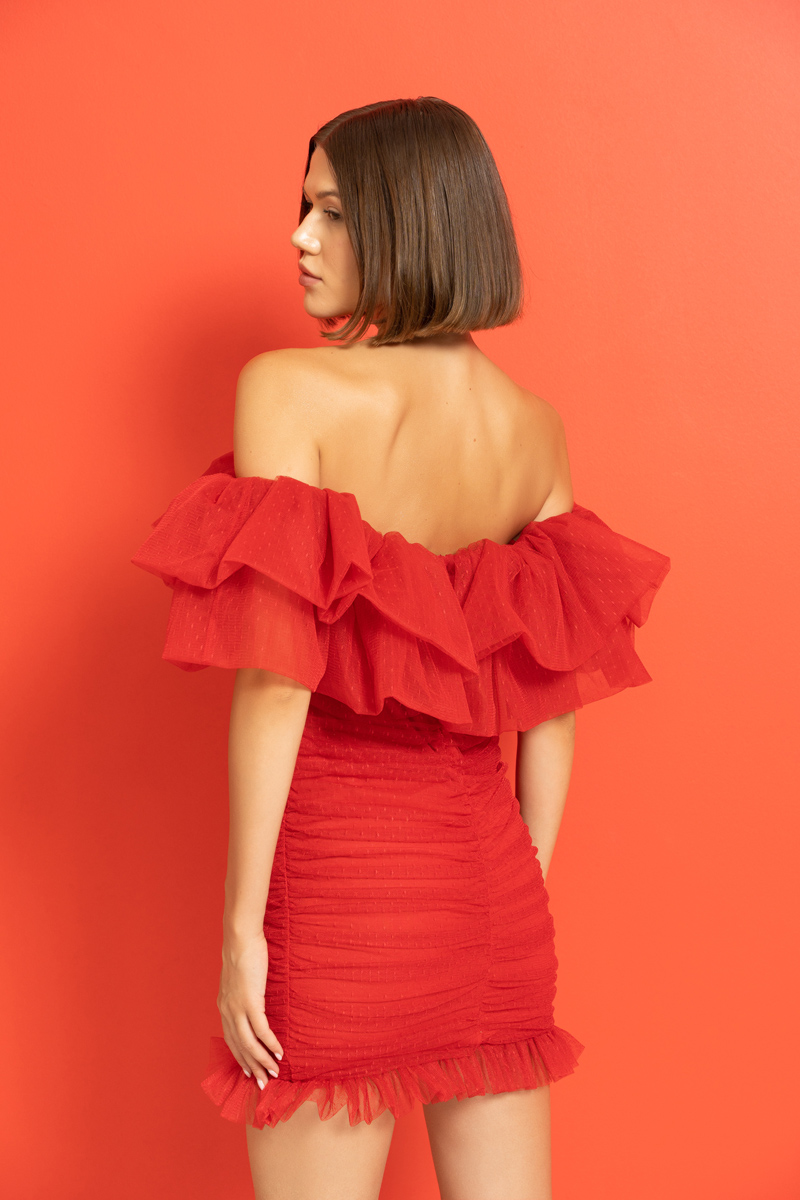 Tulle Detail Pleated Red Strapless Dress
