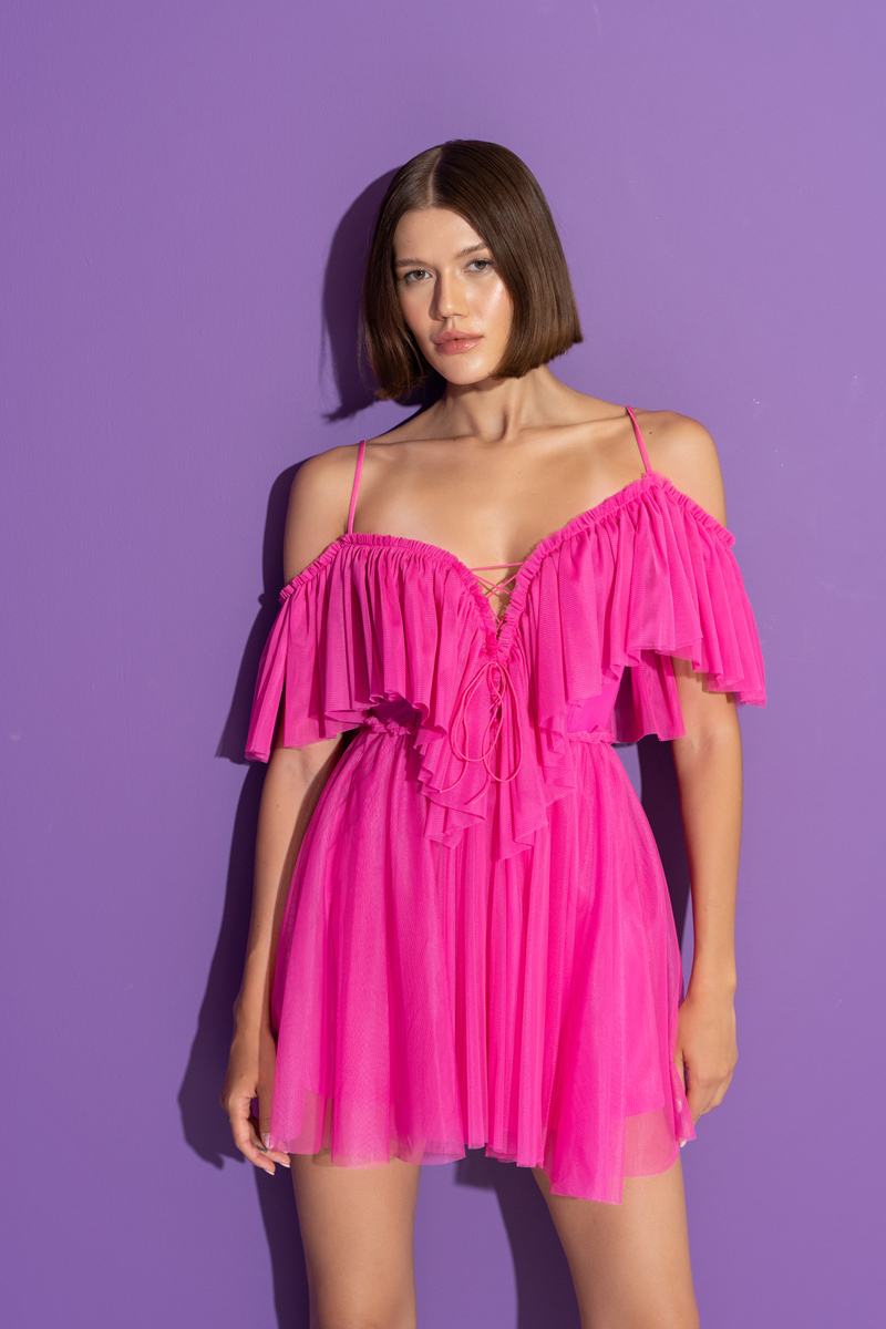 New Fuschia Off-the-Shoulder Cami Tulle Dress