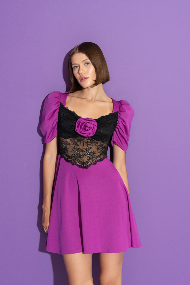 MAGENTA & BLACK Lace-Insert Dress with Rose Accent