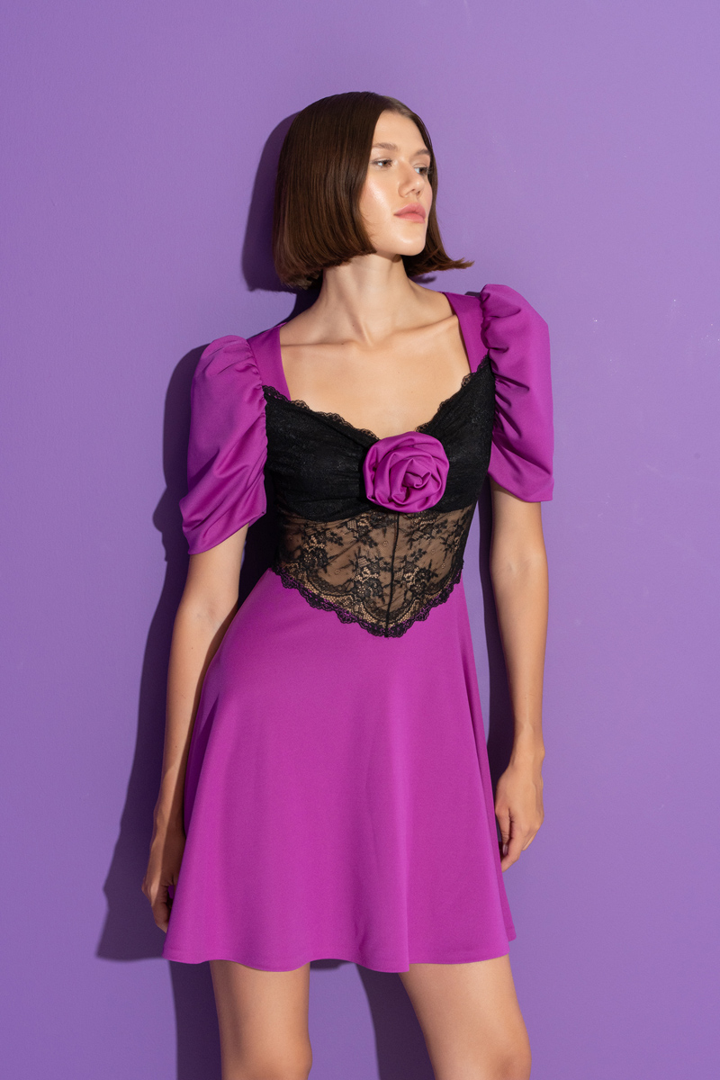 MAGENTA & BLACK Lace-Insert Dress with Rose Accent