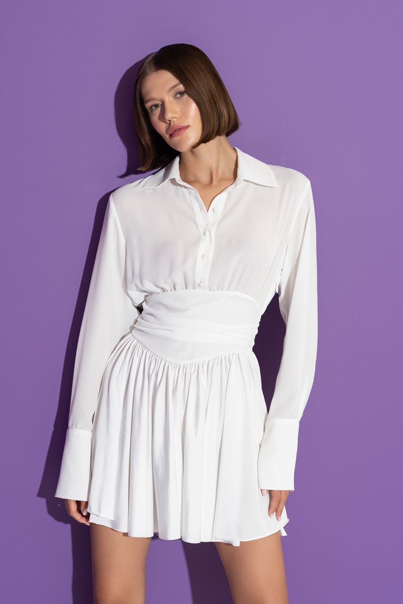 Offwhite Shirt-Collar Shirred Mini Dress