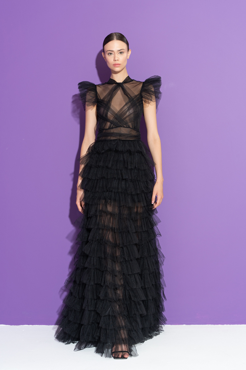 Wholesale Tulle Detail Transparan Black Long Dress
