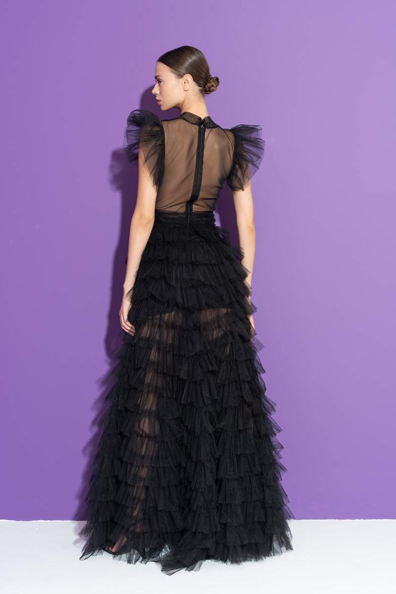 Tulle Detail Transparan Black Long Dress
