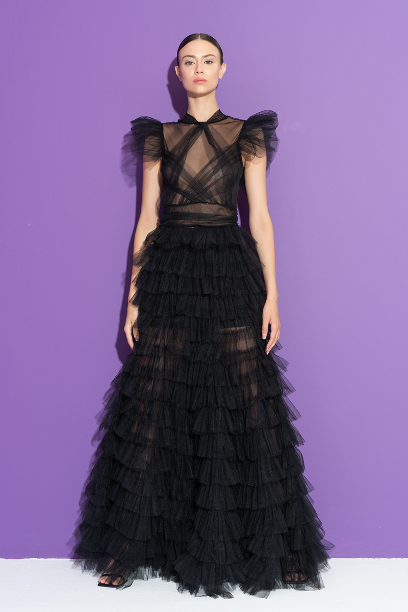 Tulle Detail Transparan Black Long Dress