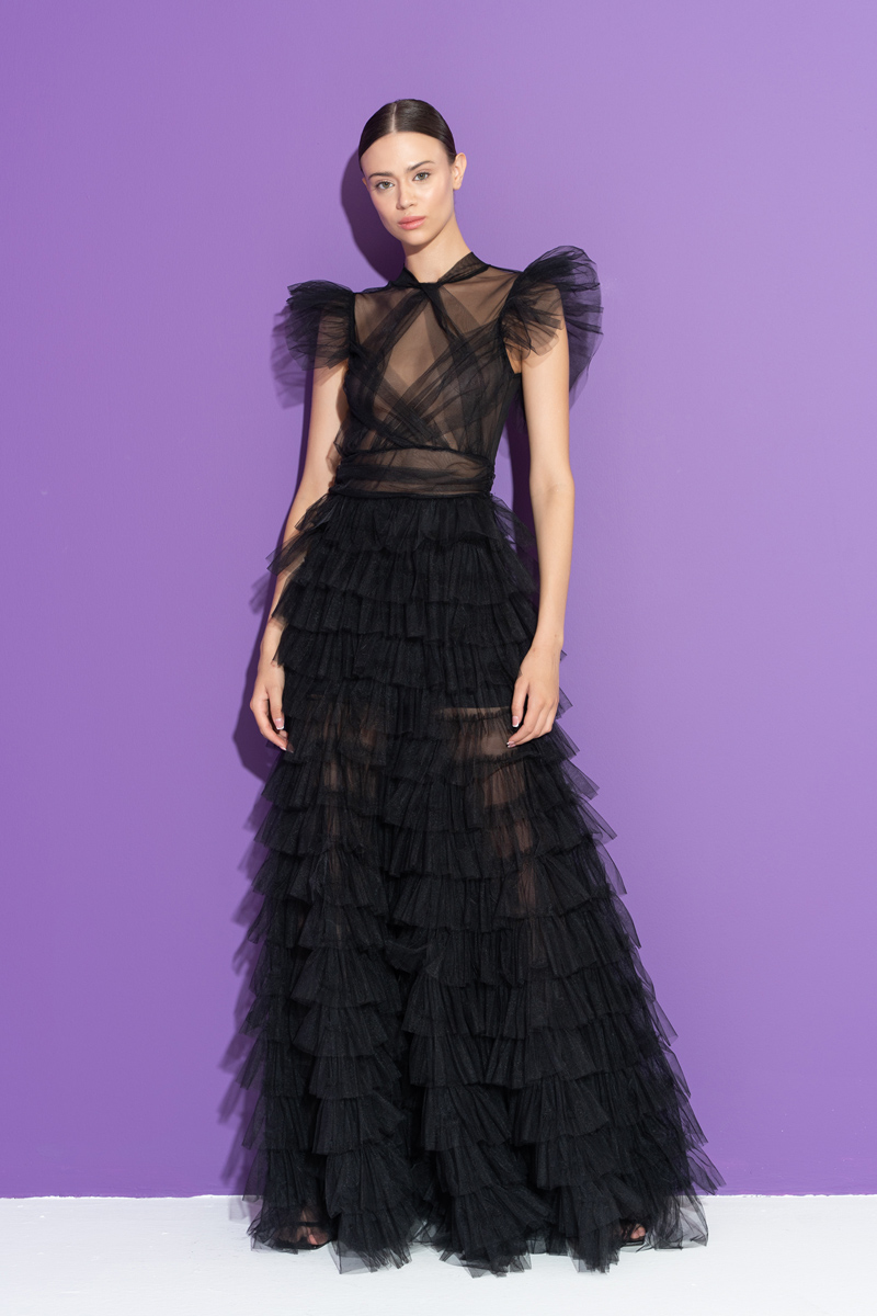 Wholesale Tulle Detail Transparan Black Long Dress