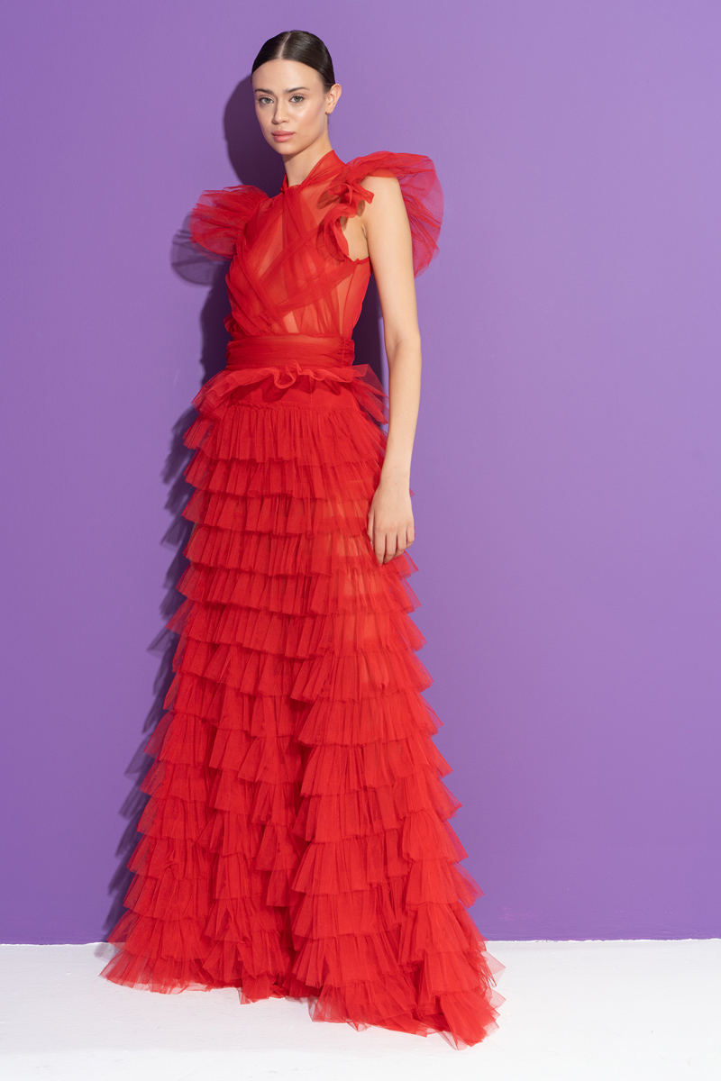 Wholesale Tulle Detail Transparan Red Long Dress
