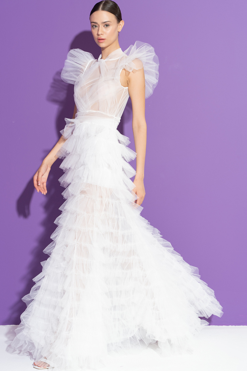 Wholesale Tulle Detail Transparan Offwhite Long Dress