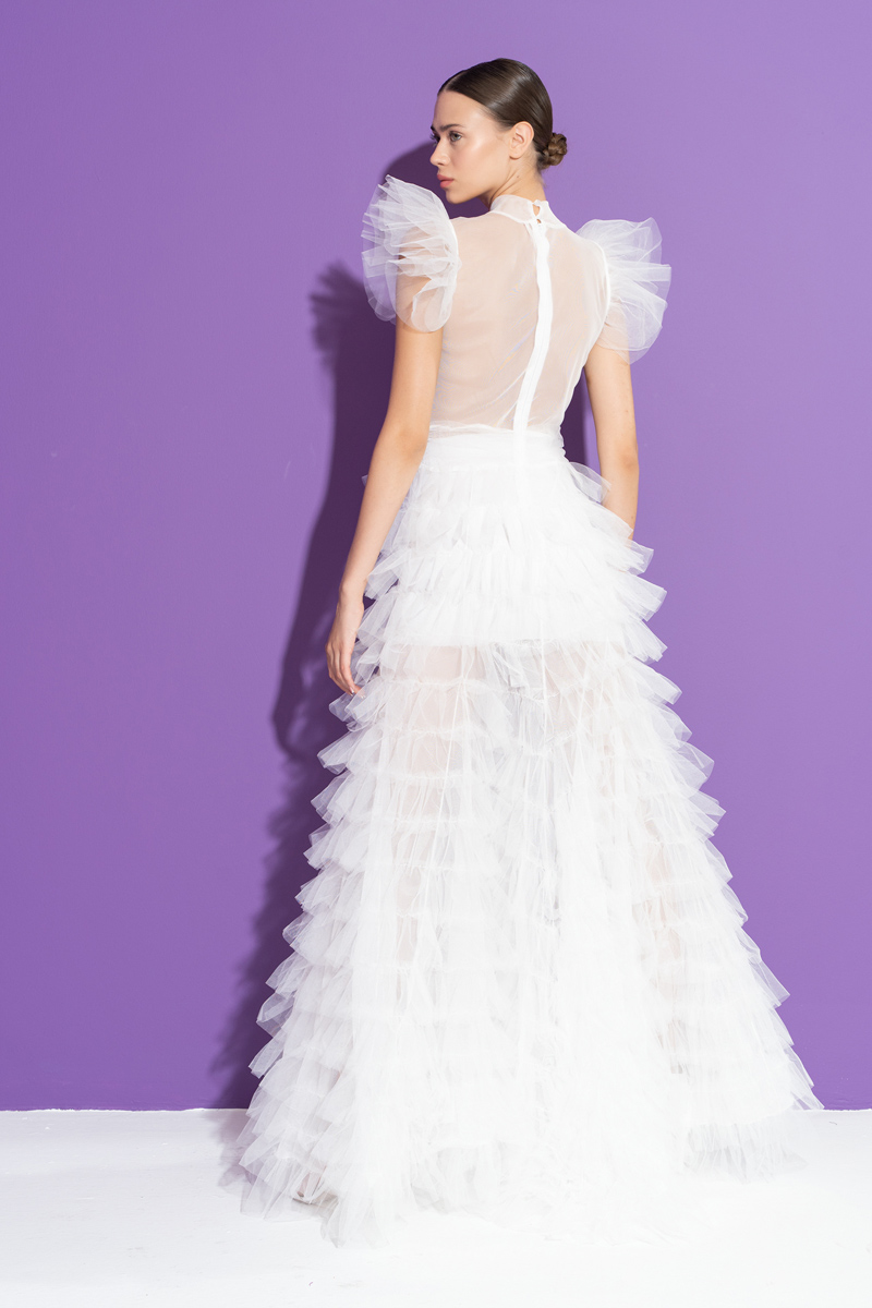 Wholesale Tulle Detail Transparan Offwhite Long Dress