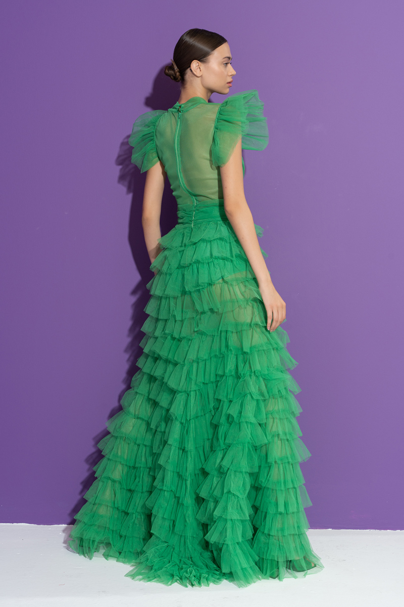 Toptan Tül Detaylı Transparan Kelly Green Uzun Elbise