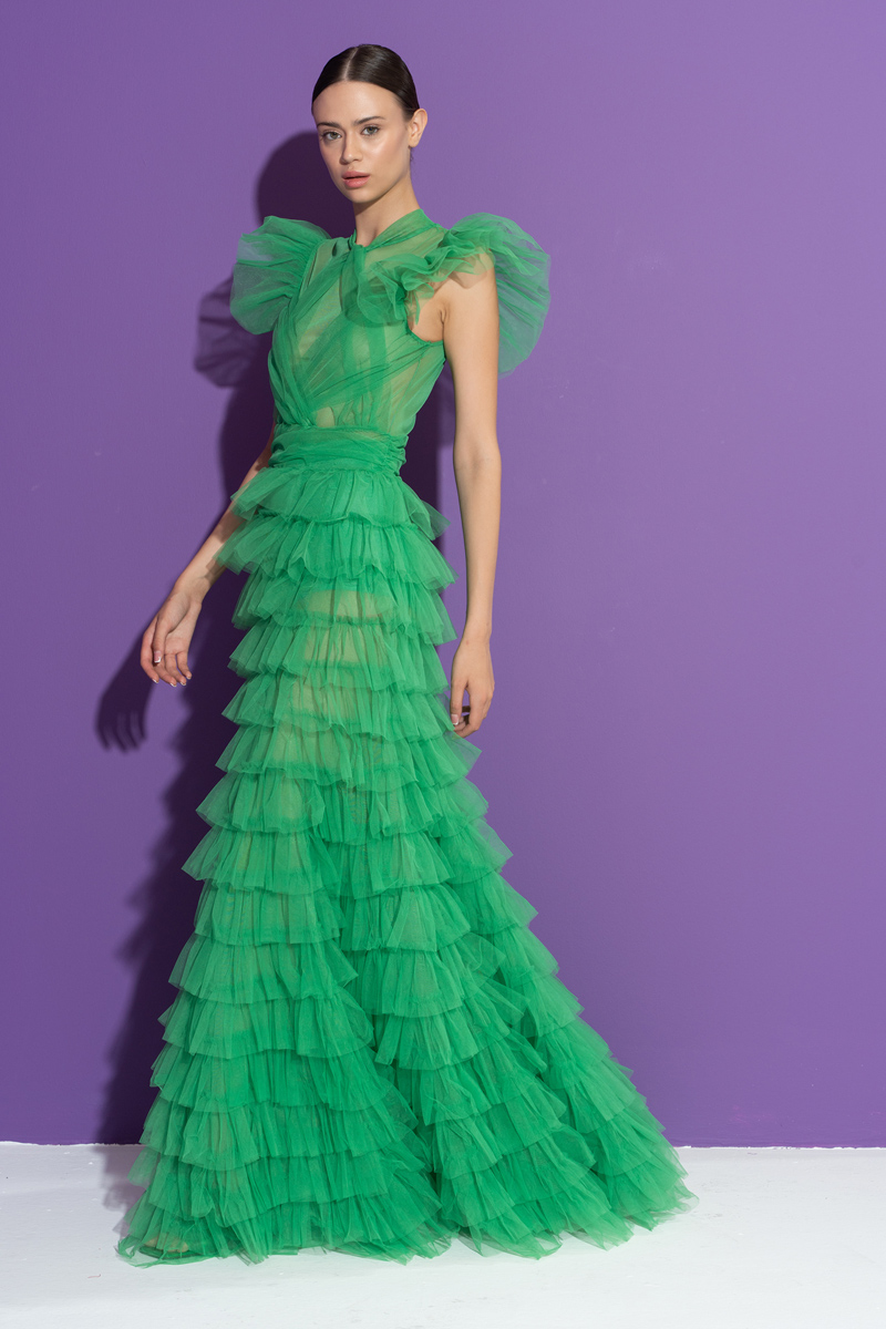 Wholesale Tulle Detail Transparan Kelly Green Long Dress
