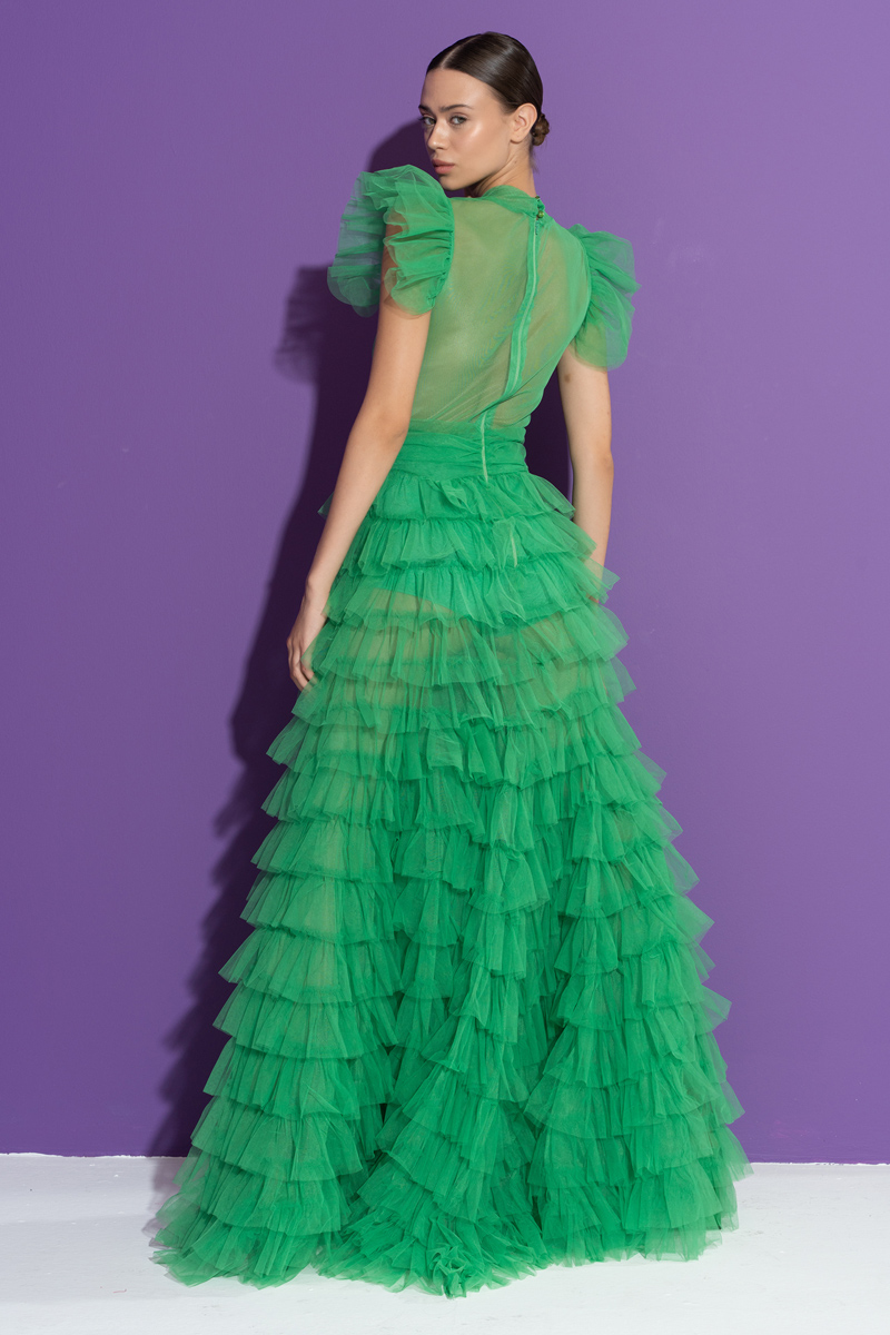 Tül Detaylı Transparan Kelly Green Uzun Elbise