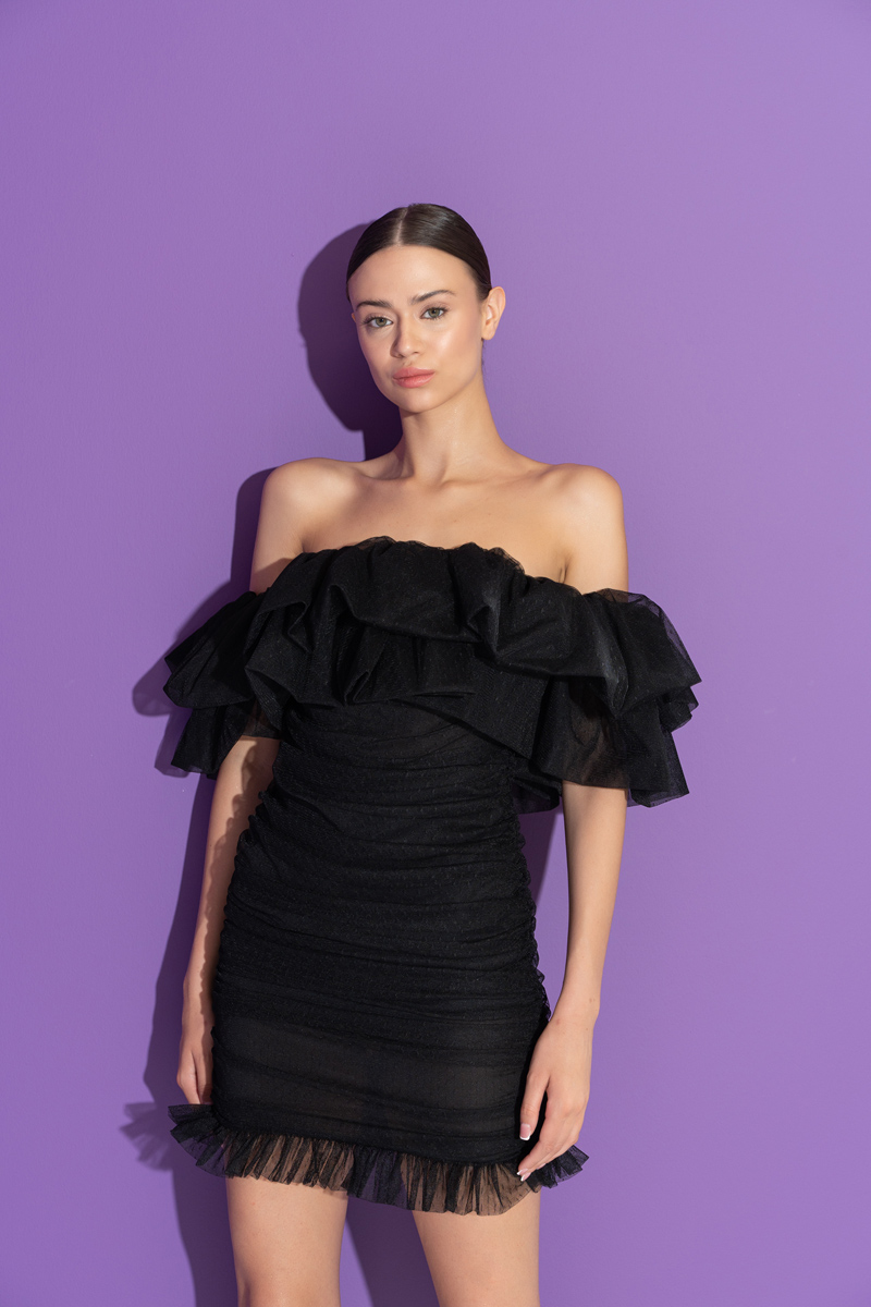 Wholesale Tulle Detail Pleated Black Strapless Dress