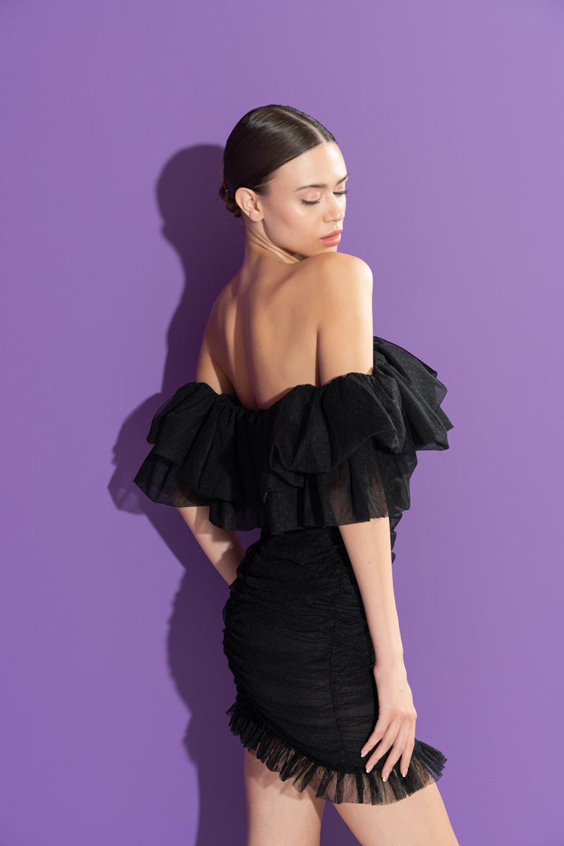 Wholesale Tulle Detail Pleated Black Strapless Dress