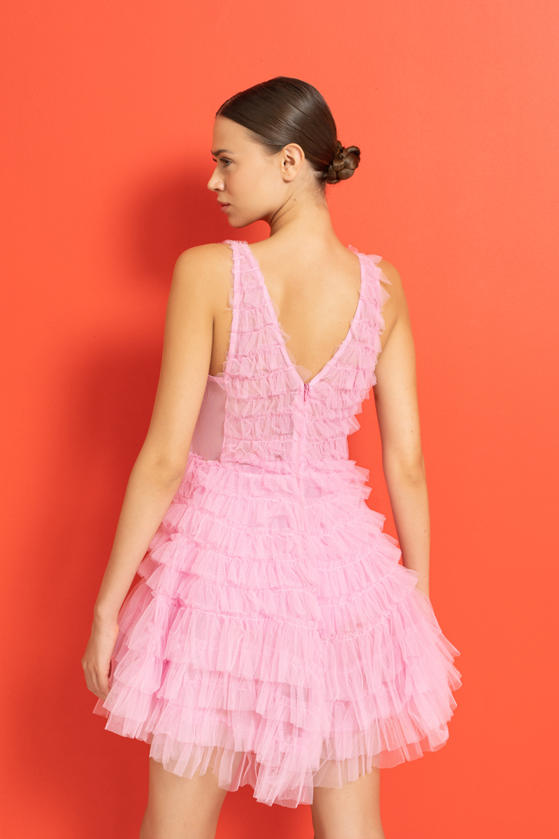 Wholesale New Pink Tiered Ruffle Plunging Tulle Mini Dress