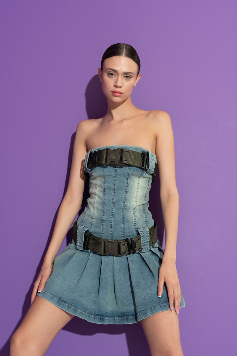 Green Belt-Accent Denim Tube Dress