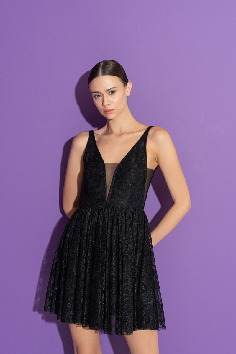 Black Mesh-Plunge Cami Lace Dress