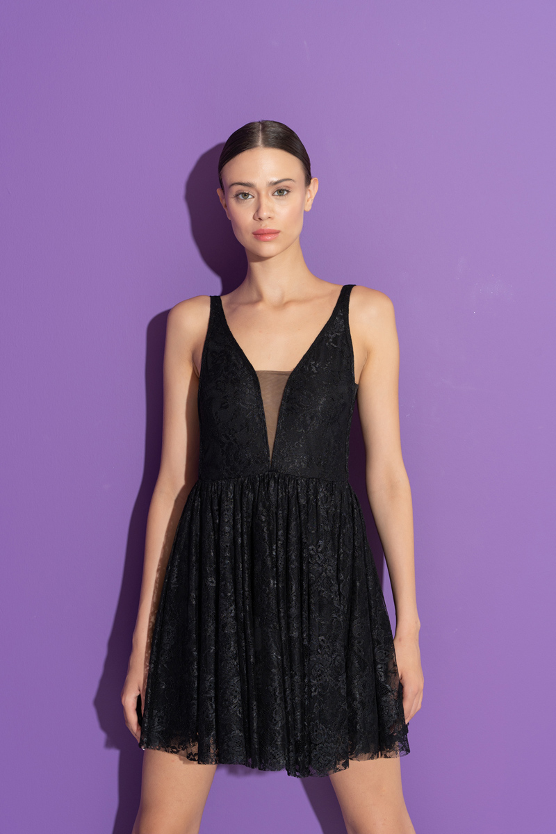 Black Mesh-Plunge Cami Lace Dress