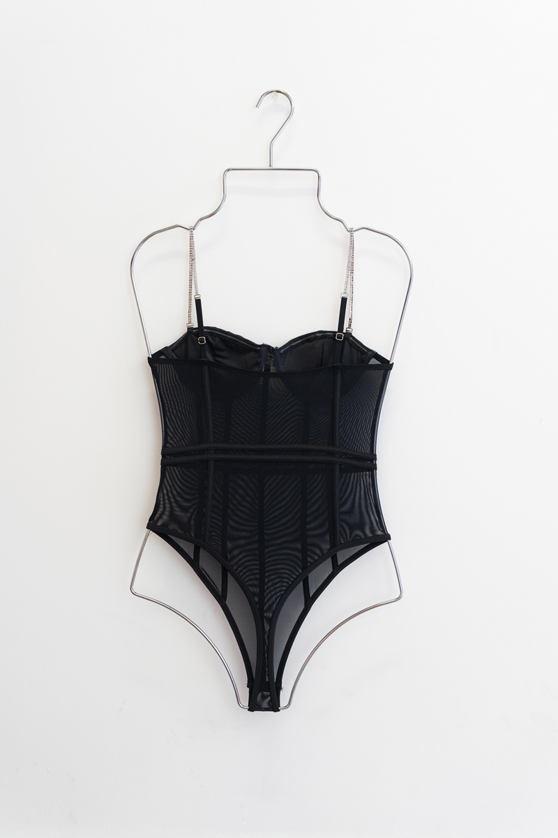 Embellished-Strap Black Mesh Bodysuit