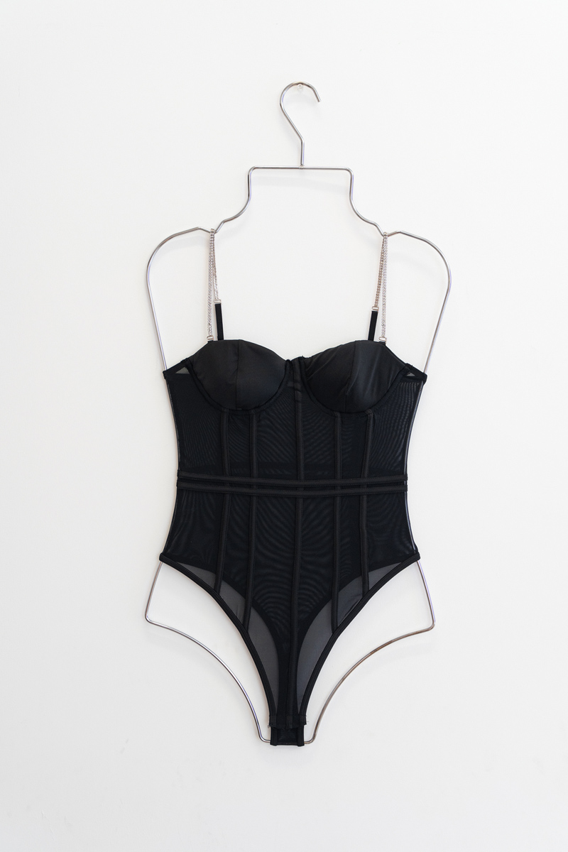 Wholesale Embellished-Strap Black Mesh Bodysuit