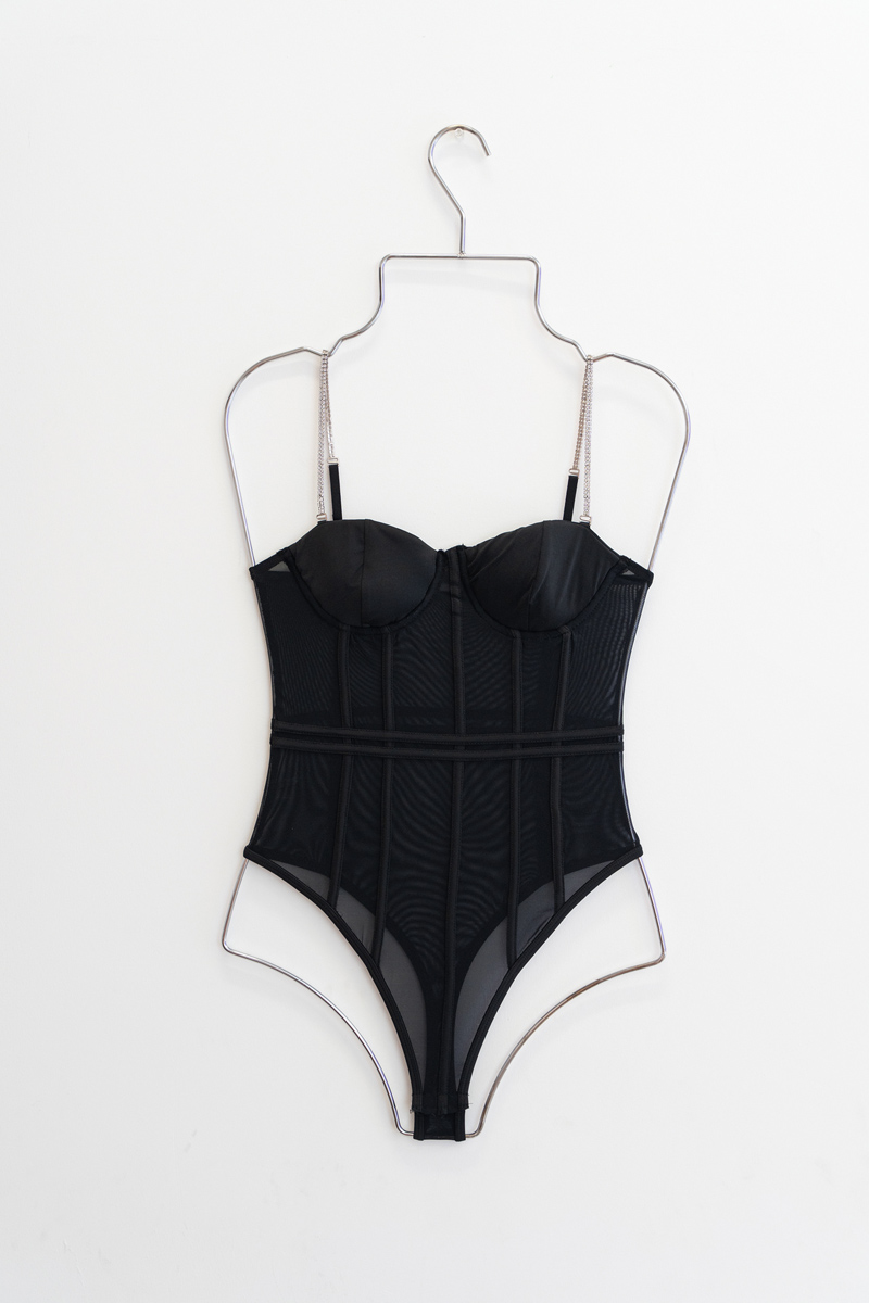 Embellished-Strap Black Mesh Bodysuit