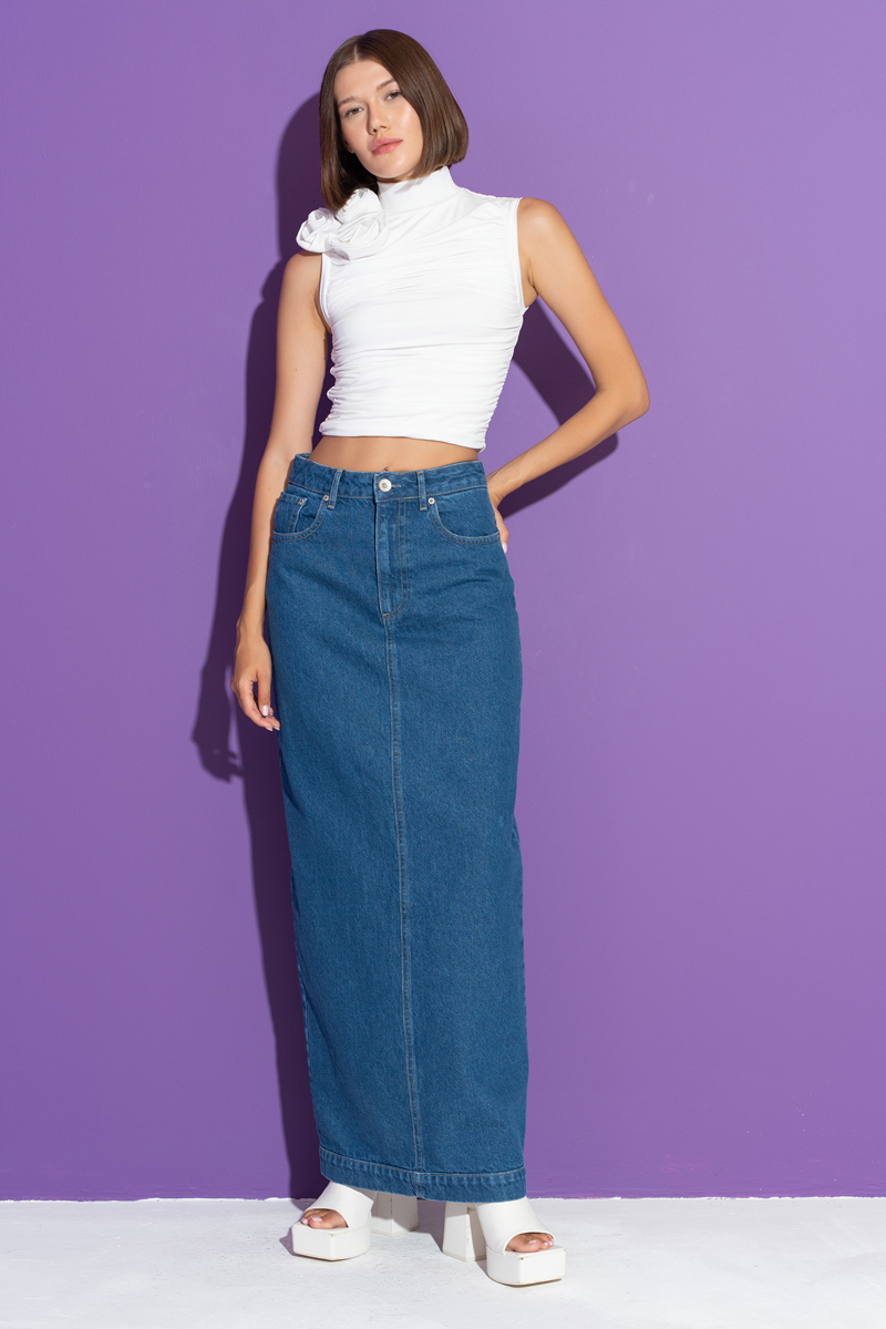 Blue Split-Back Maxi Denim Skirt