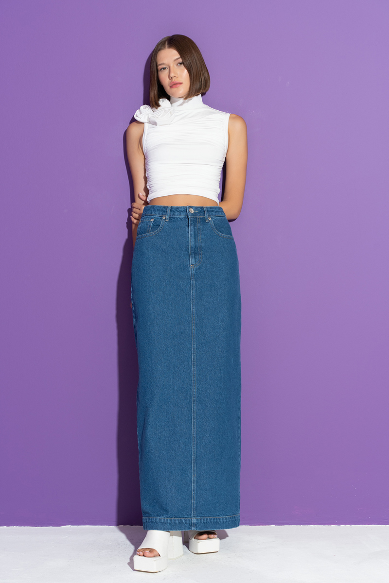 Blue Split-Back Maxi Denim Skirt