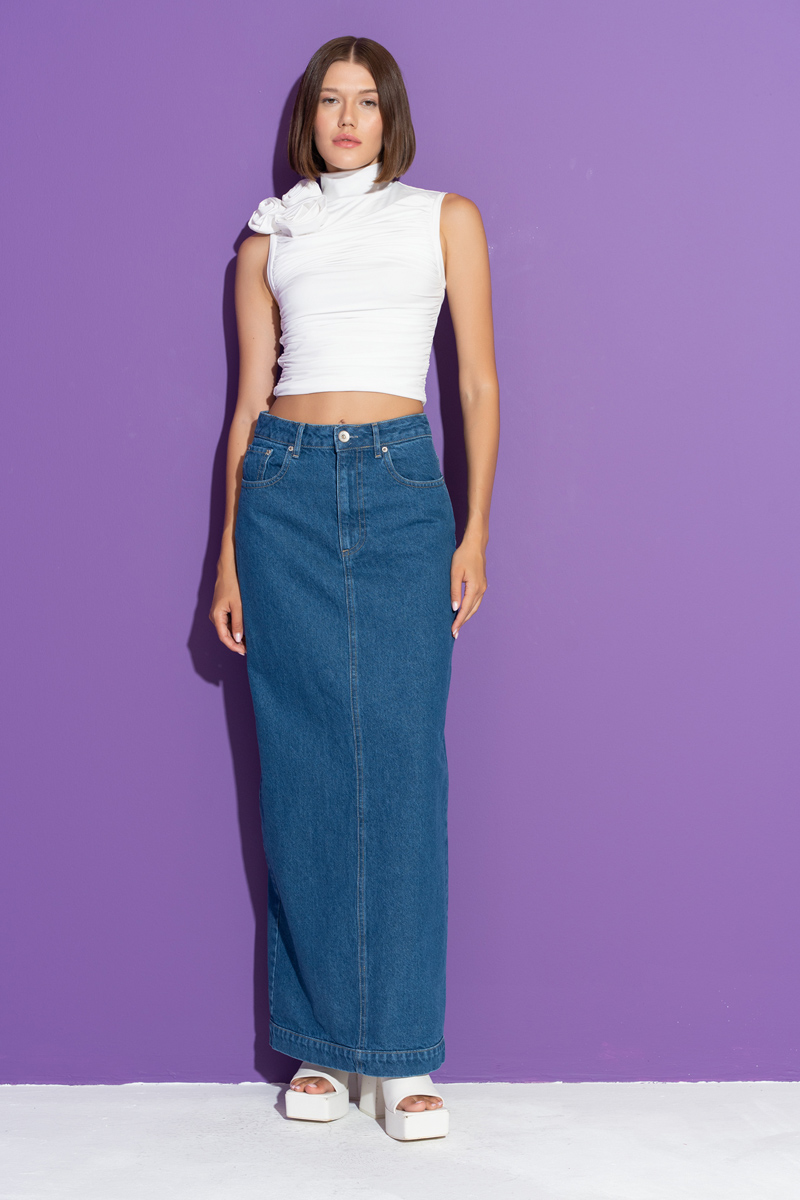 Blue Split-Back Maxi Denim Skirt