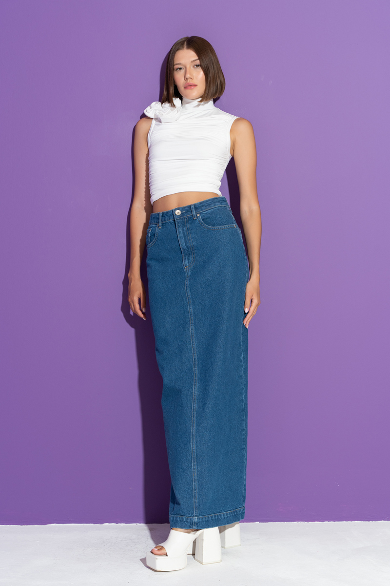 Blue Split-Back Maxi Denim Skirt