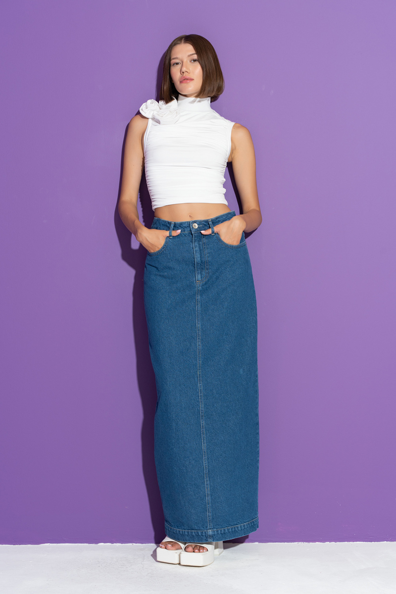 Blue Split-Back Maxi Denim Skirt