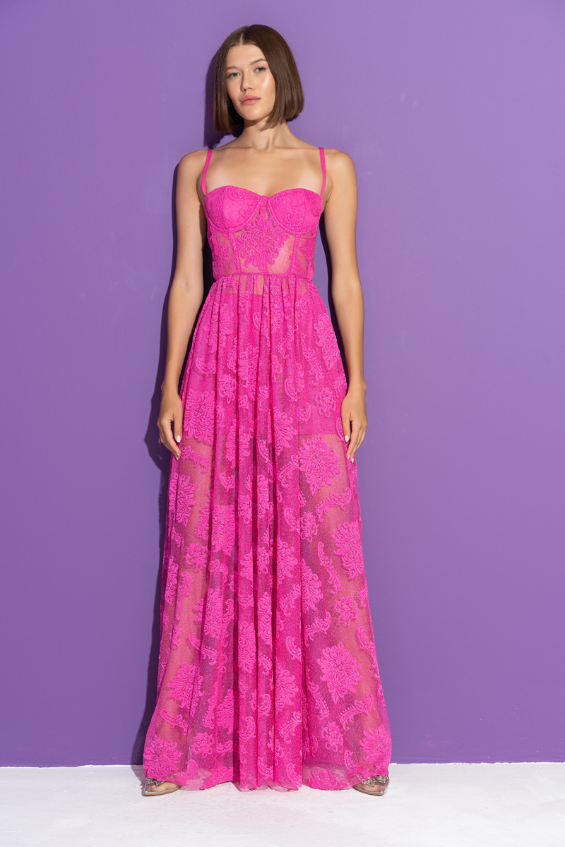 New Fuschia Embroidered Mesh Cami Maxi Dress