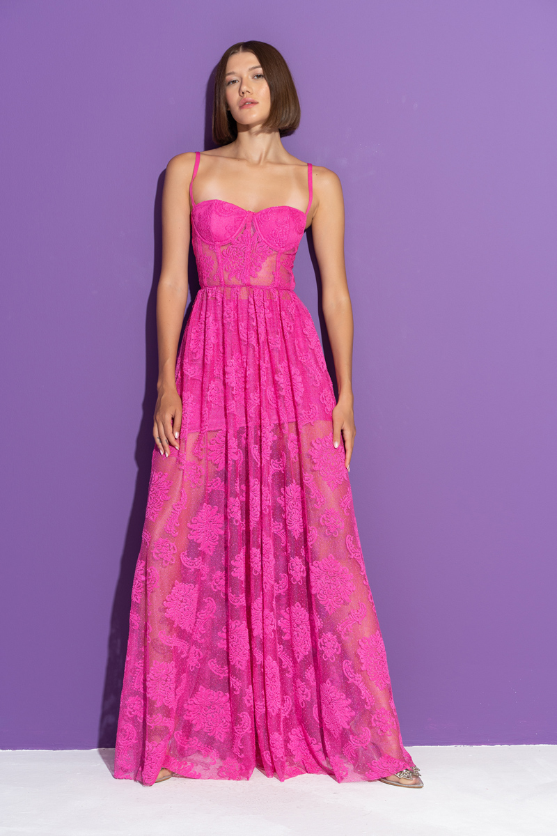 New Fuschia Embroidered Mesh Cami Maxi Dress