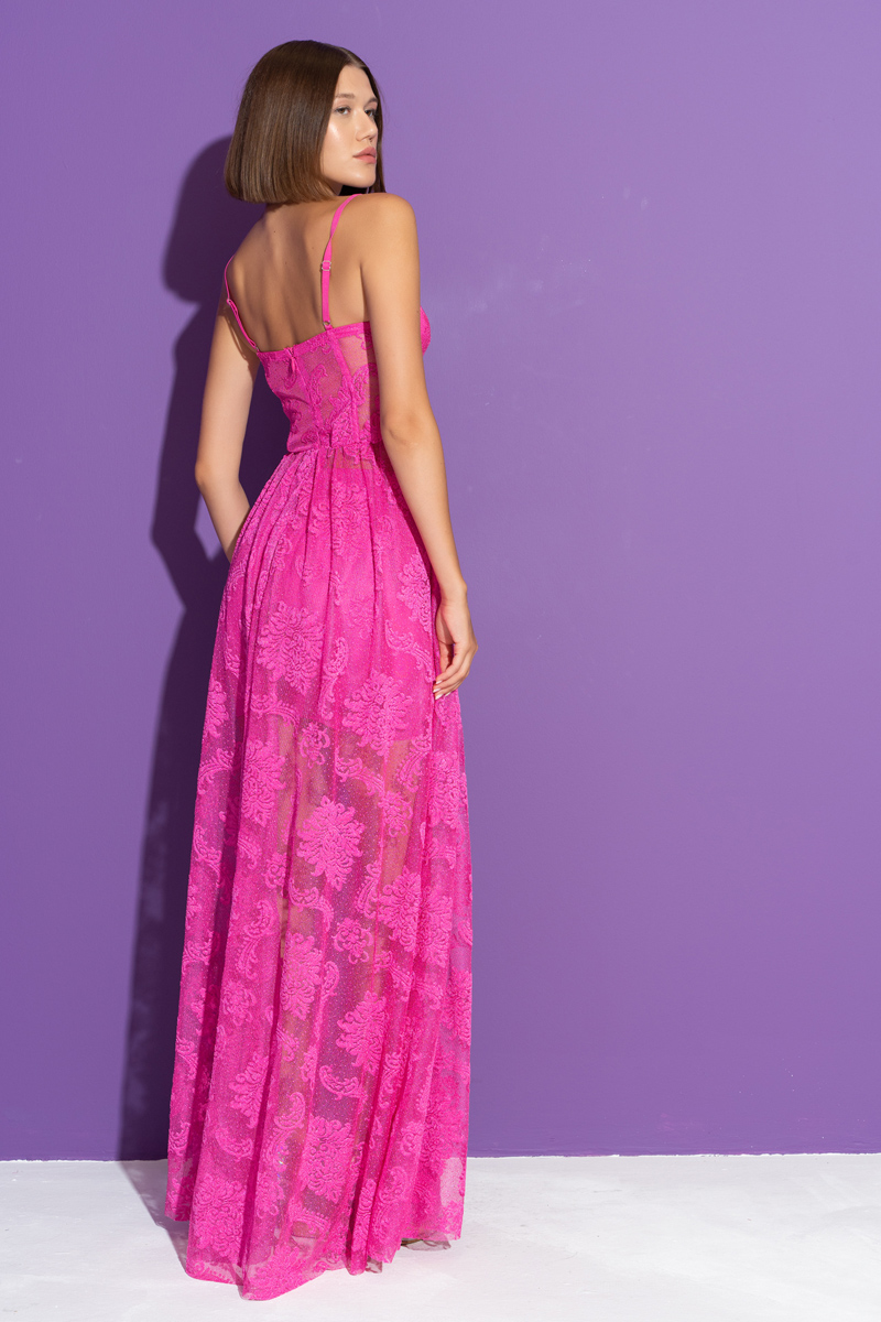 New Fuschia Embroidered Mesh Cami Maxi Dress