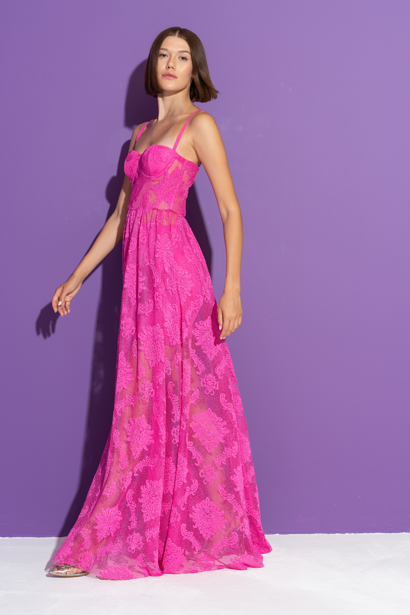 New Fuschia Embroidered Mesh Cami Maxi Dress