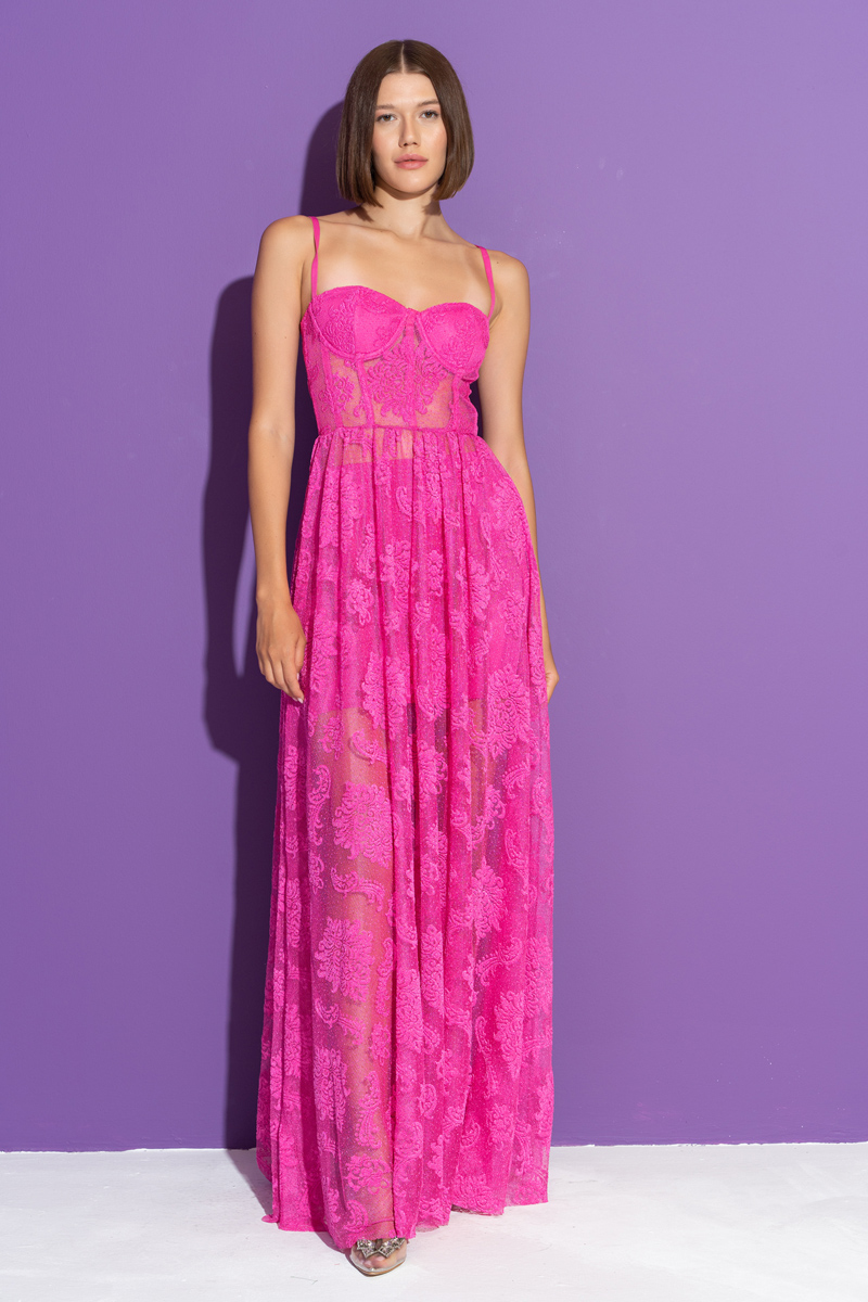 New Fuschia Embroidered Mesh Cami Maxi Dress