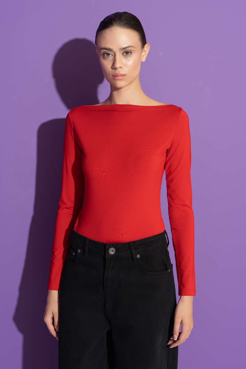 Boat Neck Long Sleeve Red Top
