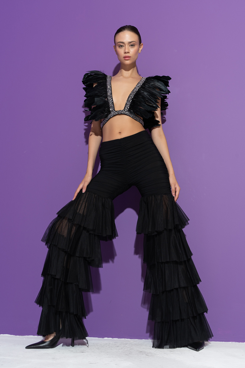 Wholesale Black Tiered Ruffle Tulle Pants