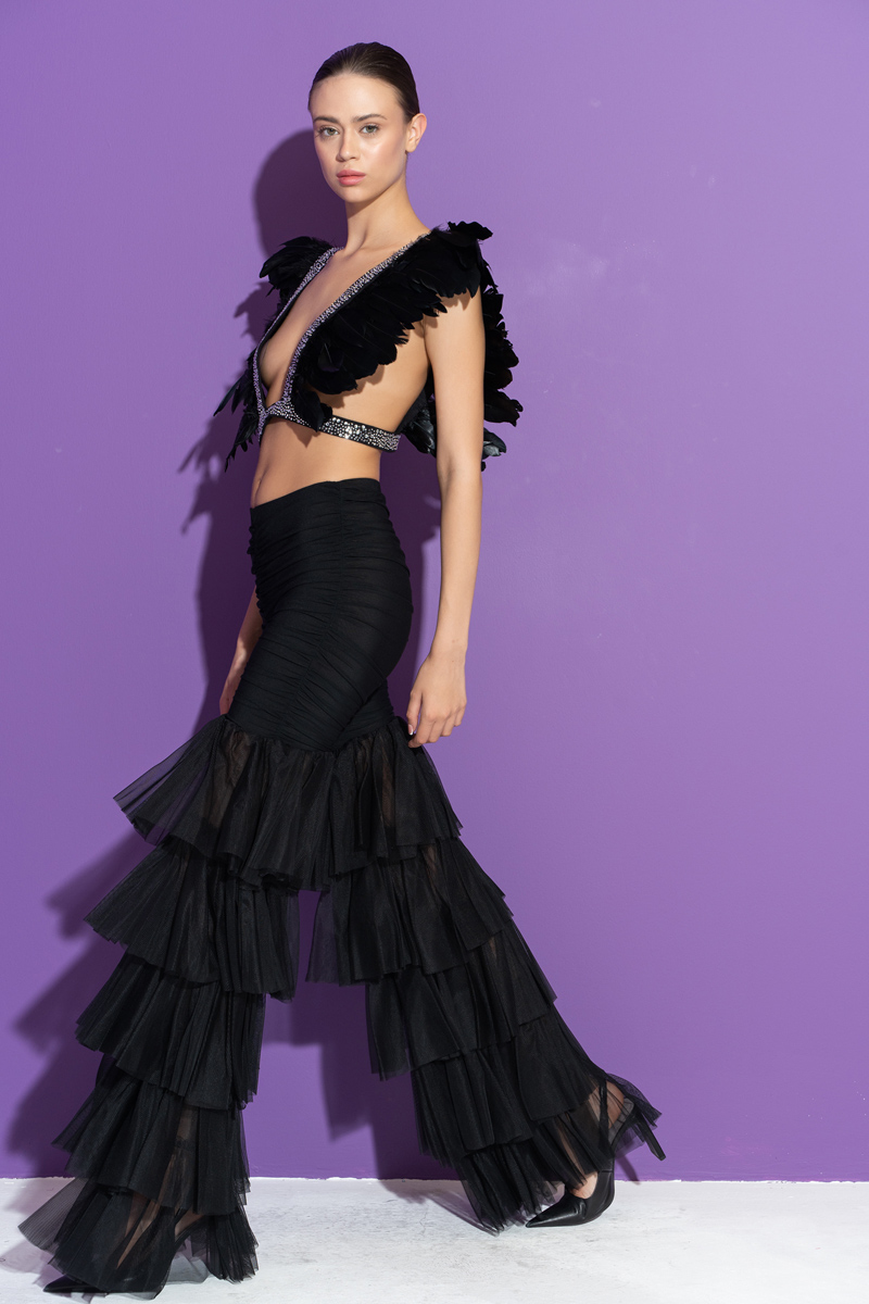 Wholesale Black Tiered Ruffle Tulle Pants