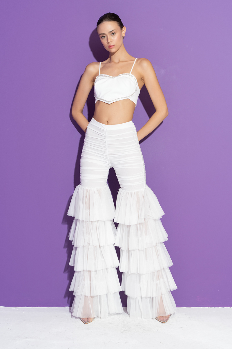 Wholesale Offwhite Tiered Ruffle Tulle Pants