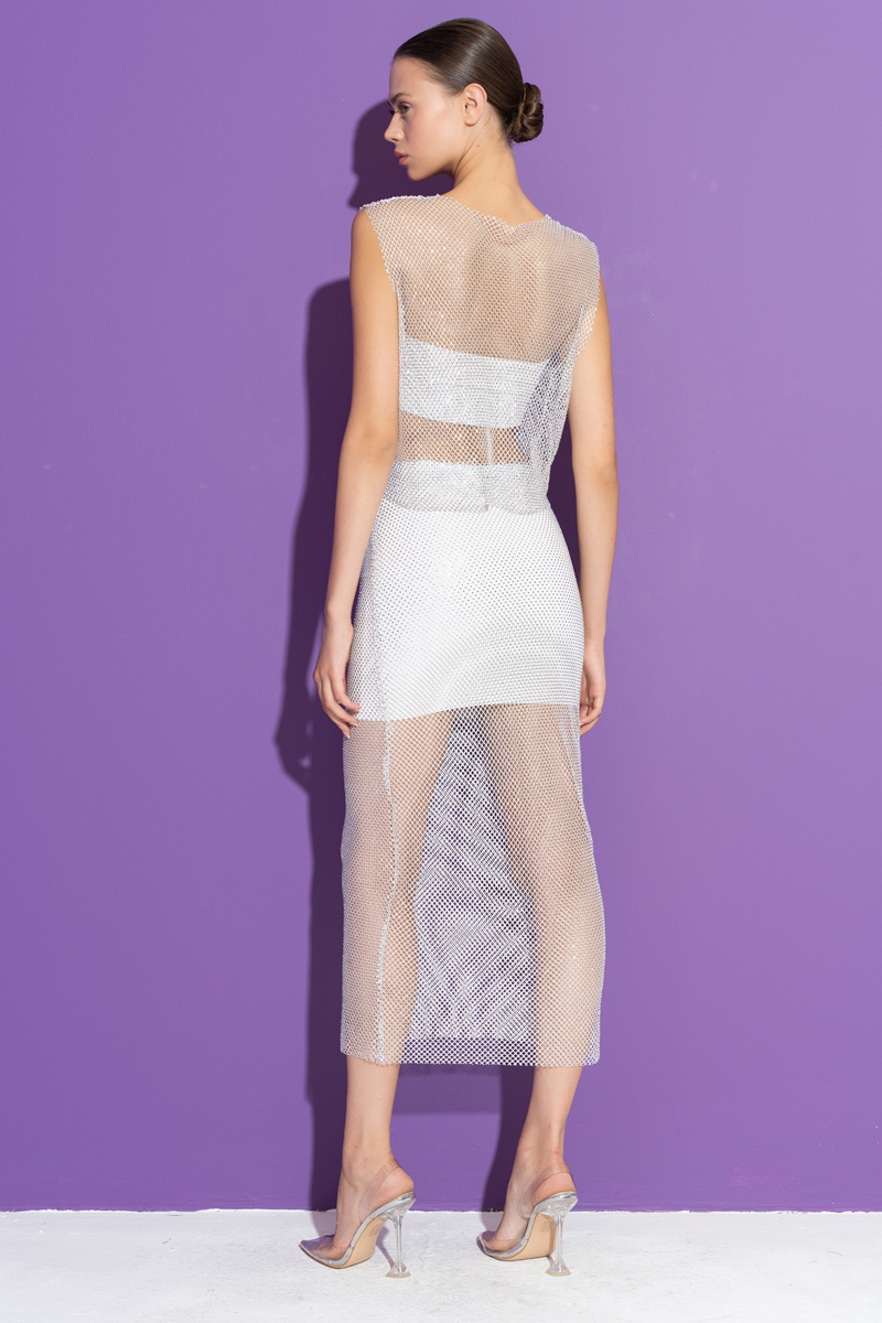 White - Janjan Embellished Net Skirt with Lining