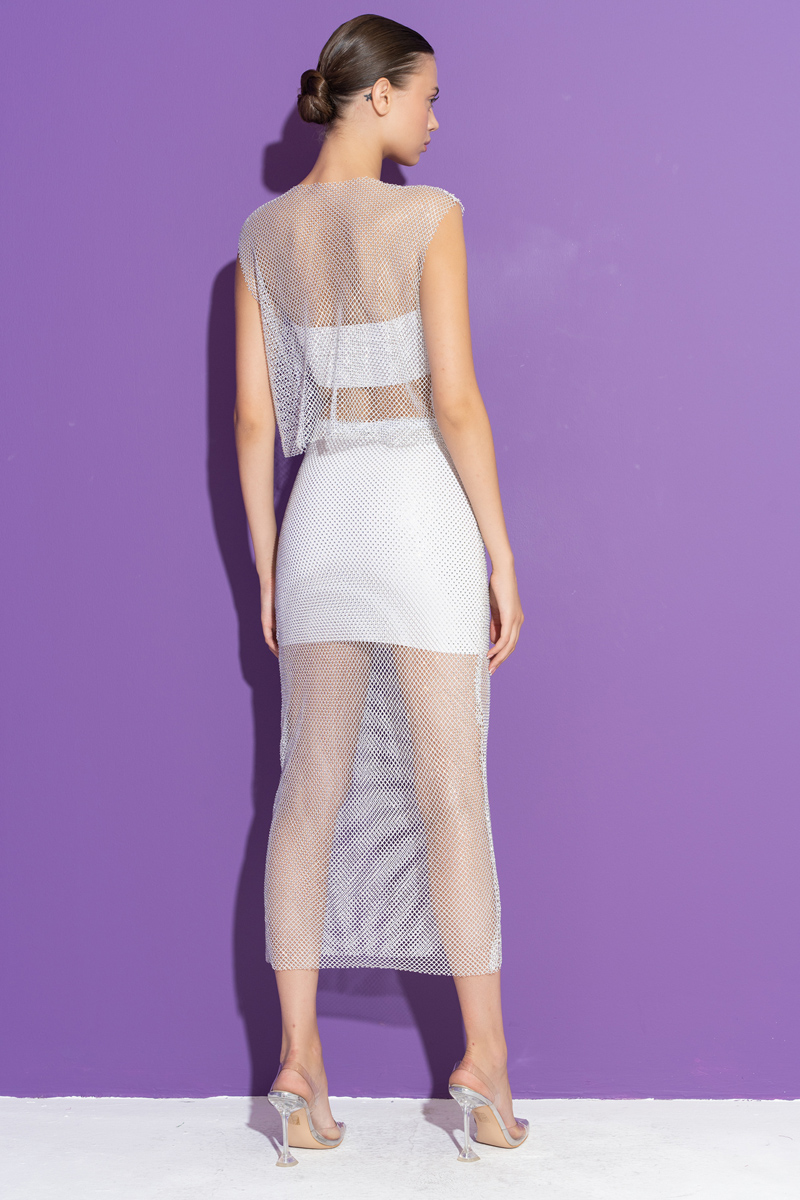 Wholesale White - Janjan Embellished Net Skirt with Lining