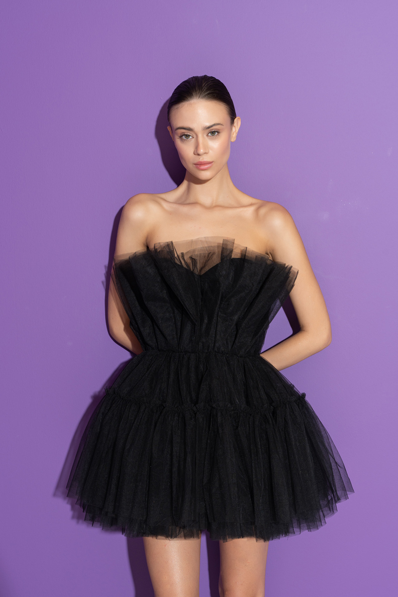 Black Off The Shoulder Mini Tulle Dress