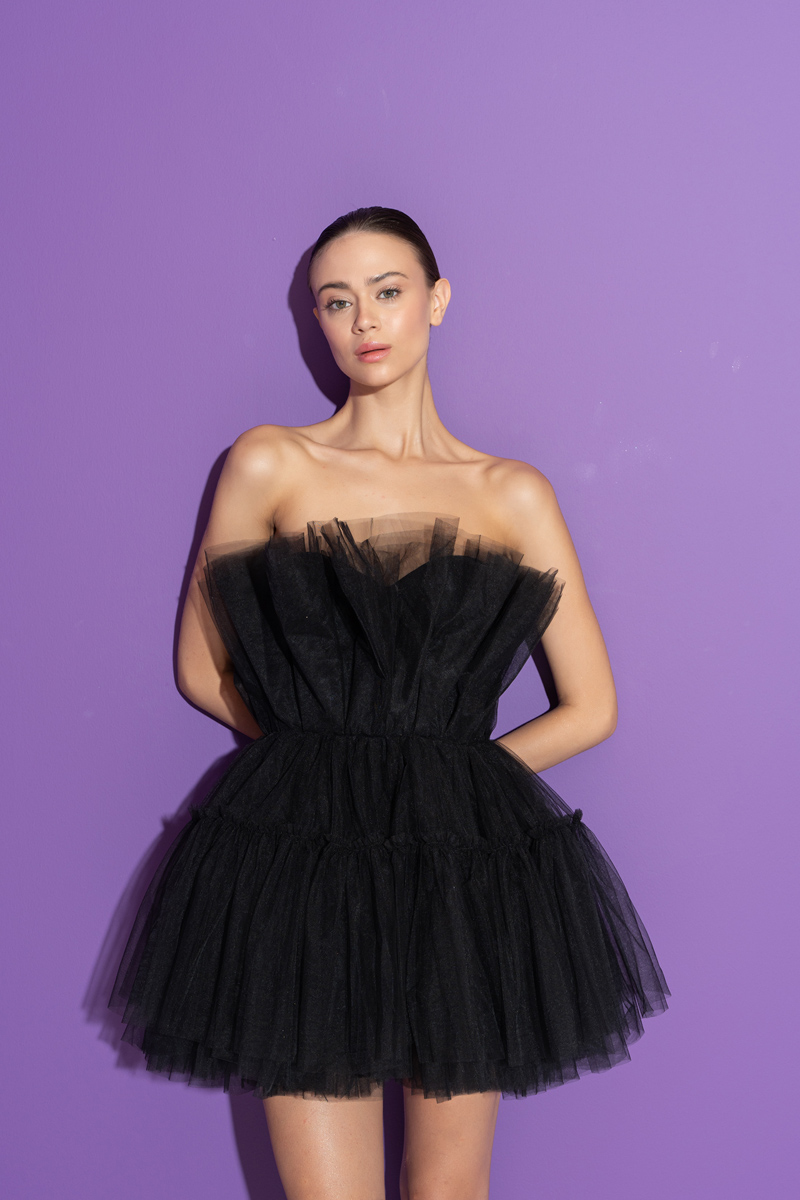 Black Off The Shoulder Mini Tulle Dress