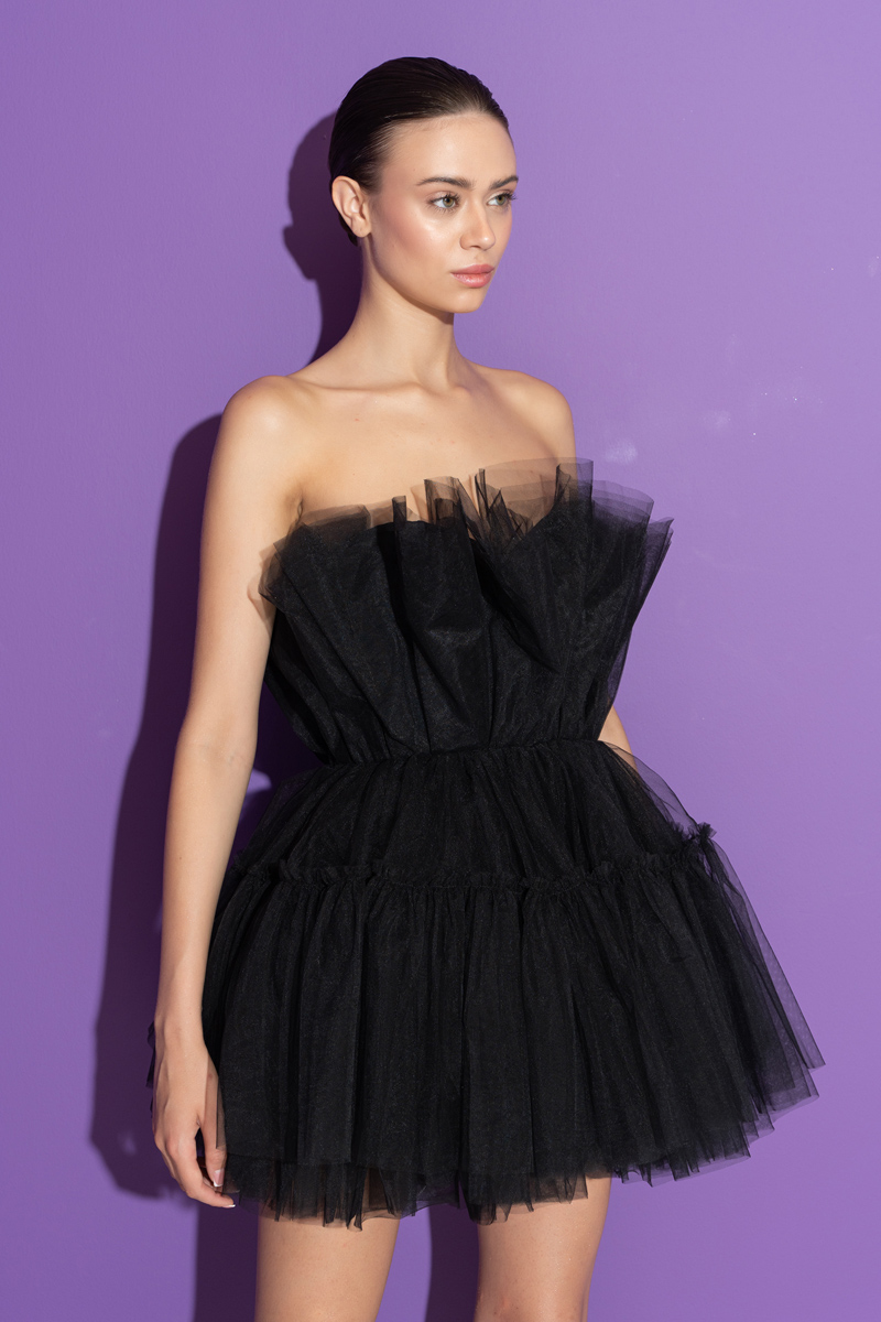 Black Off The Shoulder Mini Tulle Dress