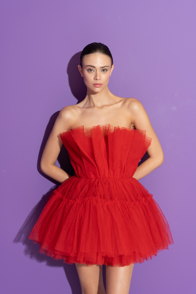 Red Off The Shoulder Mini Tulle Dress
