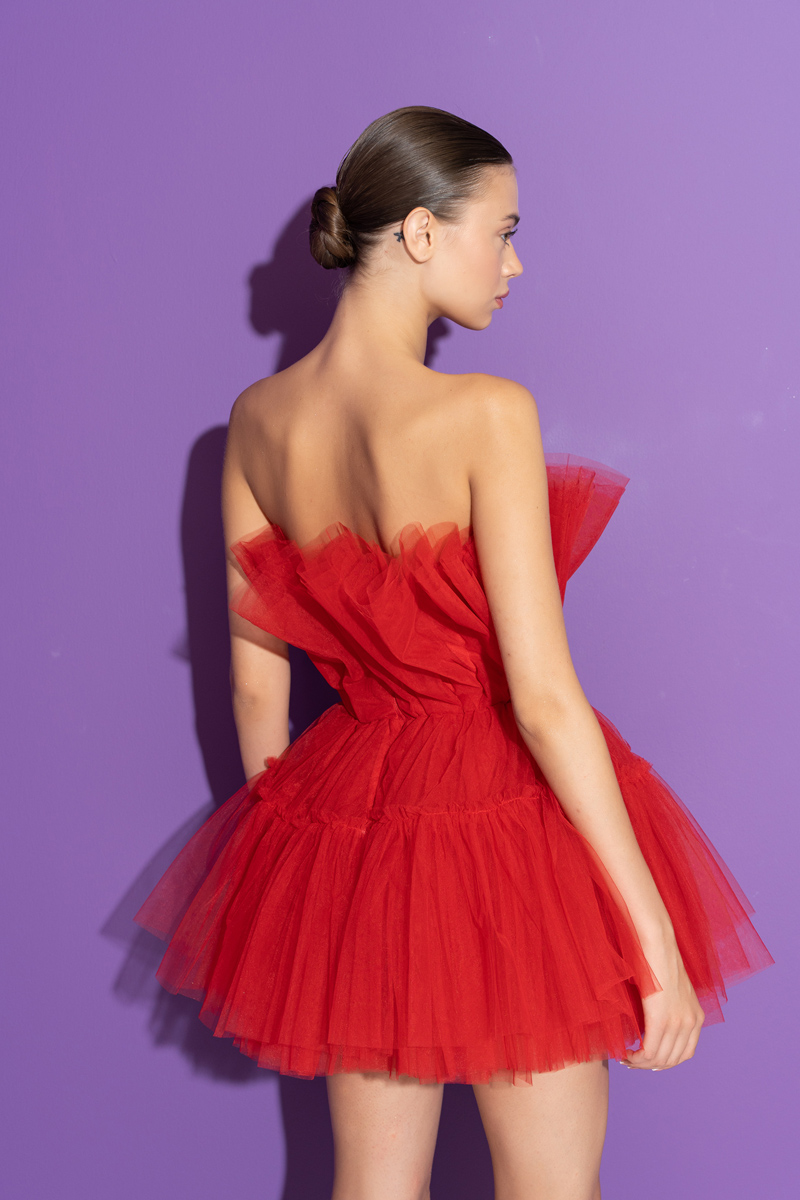 Wholesale Red Off The Shoulder Mini Tulle Dress