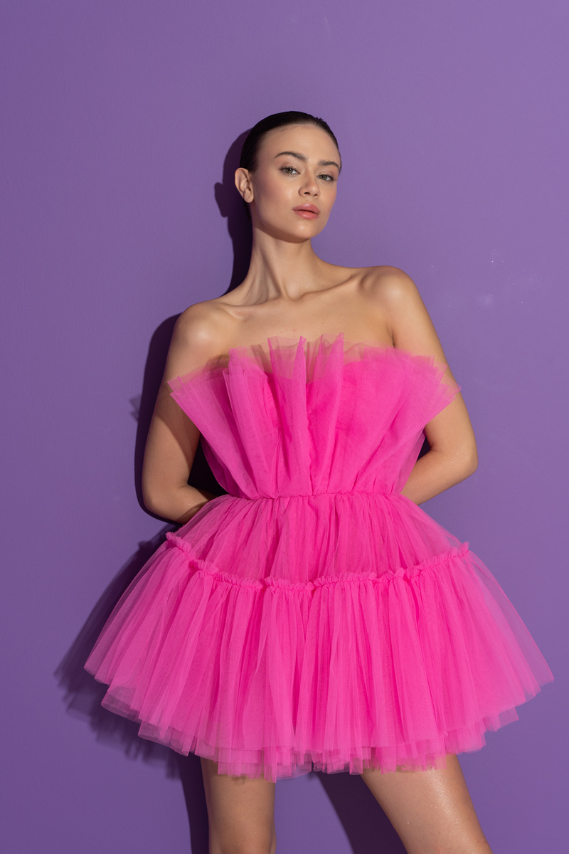 New Fuschia Off The Shoulder Mini Tulle Dress