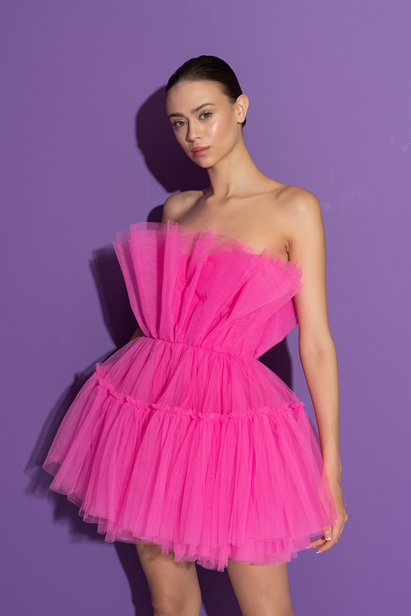 New Fuschia Off The Shoulder Mini Tulle Dress