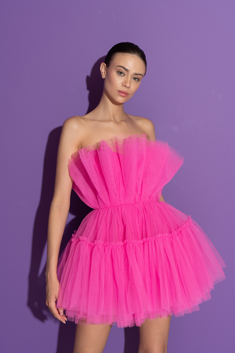 New Fuschia Off The Shoulder Mini Tulle Dress