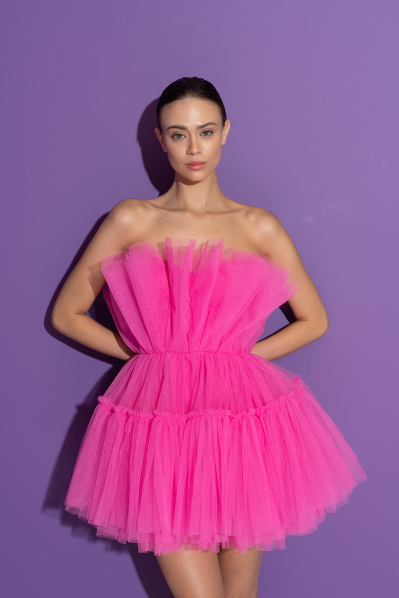 New Fuschia Off The Shoulder Mini Tulle Dress